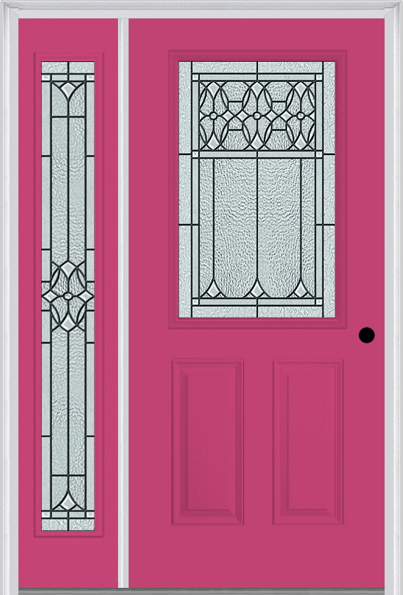 MMI 1/2 Lite 2 Panel 6'8" Fiberglass Smooth Selwyn Patina Exterior Prehung Door With 1 Full Lite Selwyn Patina Decorative Glass Sidelight 684